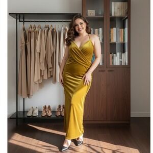 Eloquii Plus Size 20 Velvet Maxi Dress Gold Halter Strappy Formal Eveningwear